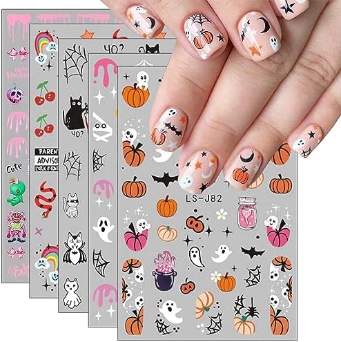 JMEOWIO 9 Sheets Halloween Nail Art Stickers Decals Self-Adhesive Pegatinas Uñas Horror Ghost Witchy Spider Web Bat Cat Pumpkin Spook Nail Supplies Nail Art Design Decoration Accessories