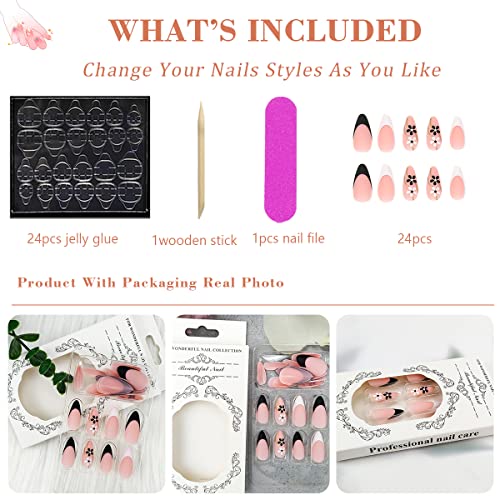 Flowers Press on Nails Medium Almond Fake Nails French Goldline Black White Floral False Nails Acrylic Petals Design Accessories Supplies for Home Manicure Salon Decoration DIY for Women 24PCS - Image 4