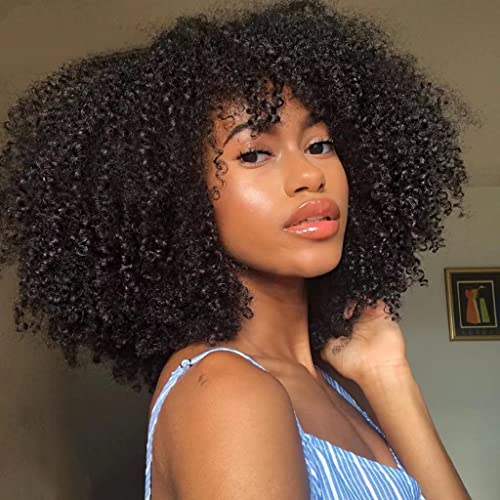 Afro Kinky Curly Wig With Bangs 200 Density Full Machine Made Human Hair Wig Scalp Top Wig Brazilian Short Curly Wigs For Black Women Natural Color 16 Inch - Image 5
