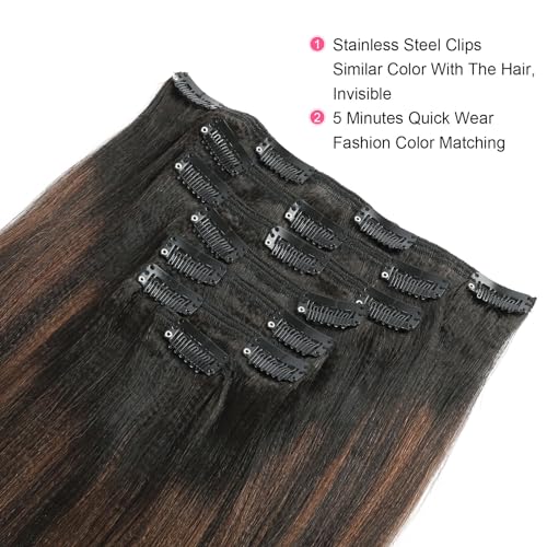 ABH AMAZINGBEAUTY HAIR Yaki Straight Clip ins Rooted Black Piano Natural Black #1B With Chocolate Brown #4 Two Tone Light Yaki Clip in Human Hair 12 Inch Yaki Clip ins for Black Women 120G Full Head - Image 5
