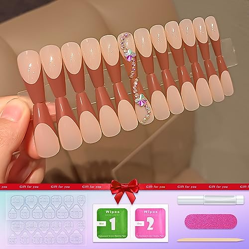 French Tip Press on Nails Long Coffin Nails for Women False Nails with Butterfly Design Acrylic Press on Glue on Nails Ballerina French Nails Gloss Artificial Stick on Nails 24PCS - Image 2