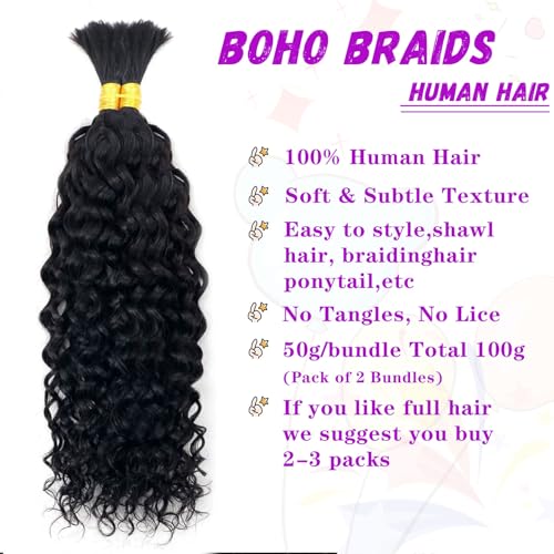 Water Wave Bulk Human Hair No Weft boho Knotless Braids Human Hair 16Inch Remy Human Hair For Braiding 2 Bundles Braids Per Pack 100g Micro Braiding Human Hair Wet and Wave Natural Color - Image 3