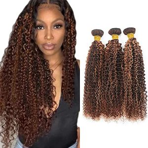 Freiuoke 28 Inch Ombre Kinky Curly Human Hair Bundles Brazilian Virgin 3 Pack