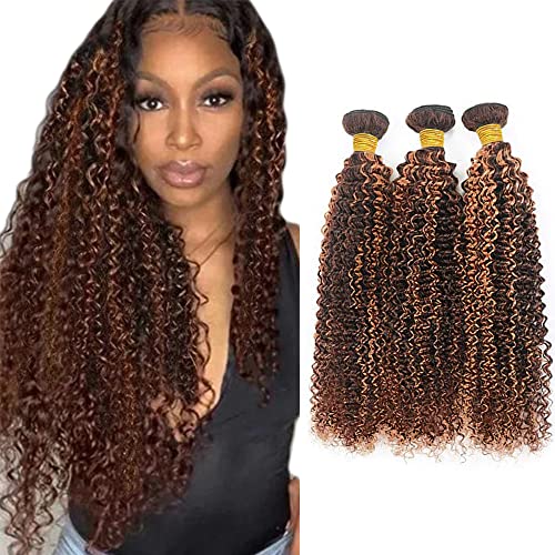 Freiuoke 28 Inch Ombre Kinky Curly Human Hair Bundles Brazilian Virgin 3 Pack