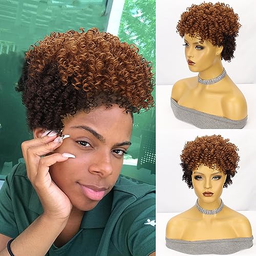 CINHOO Afro Kinky Curly Wigs for Black Women Short Curly Wig,Mullet Wigs for Women Synthetic Hair Wigs with Bangs African American Twist Wigs for Black Women Natural Looking Wigs(chocolate and Brown)