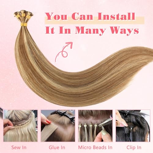 ABH AMAZINGBEAUTY HAIR Weft Hair Extensions Human Hair Sew in Highlighted Hand Tied Weft Hair Extensions Remy Human Hair 50 Gram, Chocolate Brown With Caramel Blonde Highlights Color P4-27, 18 Inch - Image 4