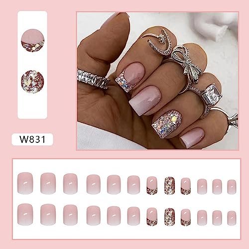 Short Square Glitter French Tip Press-On Nails Glossy Acrylic 24 Piece Set - Image 2