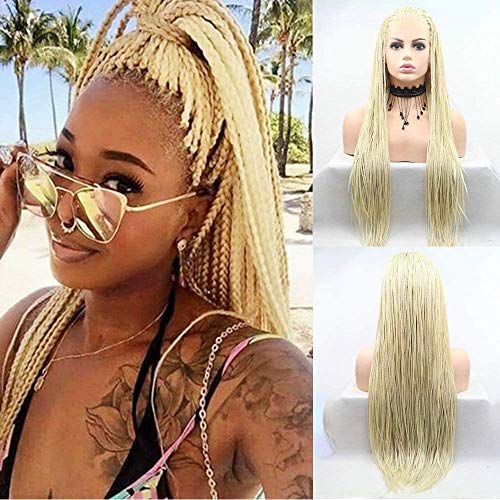 Blonde Micro Braided Lace Front Wigs for Women Long Box Braid Wig Soft Braids Lace Wig Realistic Handmade Natural Hairline Glueless Synthetic Heat Resistant Fiber Hair Cosplay Daily Briaded Wig 26Inch - Image 6