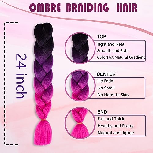 Kanekalon Ombre Braiding hair synthetic Crochet braids twist 24inch 5pcs/lot 100g Ombre two three tone Jumbo braid hair extensions Dreadlocks (black-purple-rose) - Image 2