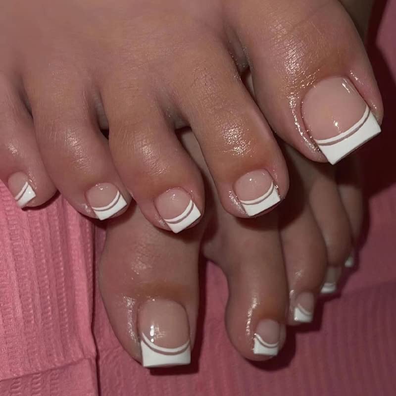 White Press on Toenails Short Square French Tips Fake Toe Nails Glossy Nude Pink Full Cover Acrylic False Toenails with Design Artificial Glue on Toenails for Women and Girls 24Pcs