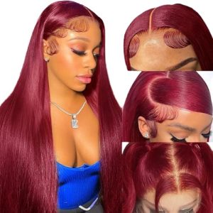 26 Inch 99J Burgundy Lace Front Wigs Human Hair 13x4 HD Transparent Frontal Wigs Wine Red Colored Straight Lace Front Wigs Human Hair Pre Plucked with Baby Hair Reddish Brown Glueless 180% Density