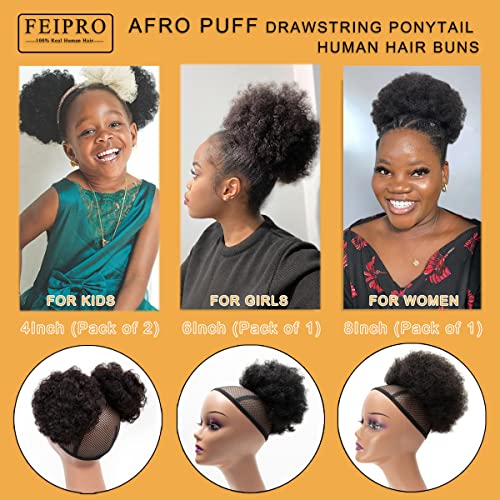 Afro Puff Drawstring Ponytail Human Hair Small Kinky Curly Ponytail Buns Hairpieces 8A Brazilian Virgin Hair Short Clip In Ponytails for Black Women Girls Kids 6 Inch Natural Black - Image 7