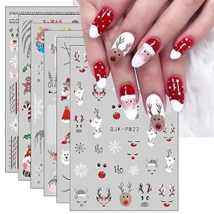 JMEOWIO 10 Sheets Snowflake Deer Glitter Christmas Nail Art Stickers