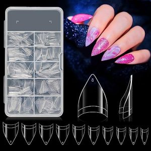 krofaue Short Stiletto Nail Tips - Acrylic Nail Tips 200pcs Pre-Shaped Extra Short Stiletto Nails Soak Off Clear Nail Tips with 10 Sizes Half Cover Nail Tips for Acrylic Nails Professional