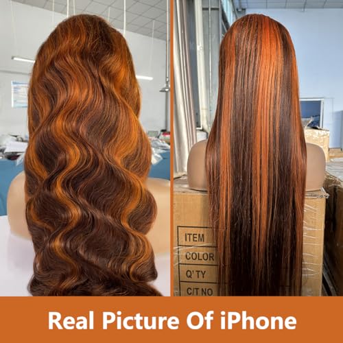 32 Inch Brown Ginger Balayage Ombre Orange Body Wave HD Lace Front Wig 180 Density - Image 5