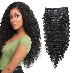 Synthetic Curly Clip in Hair Extensions Double Weft Full Head Deep Wave Hair Pieces Heat Resistance Thick Deep Wave Clip In 7 Pieces(24" Deep Wave, 1B Natural Black)