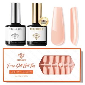 modelones Gel Top and Base Coat, 2Pcs 15ml and Coffin Gel Nail Tips Prep Colored 2 in 1 Soft Nail Tips