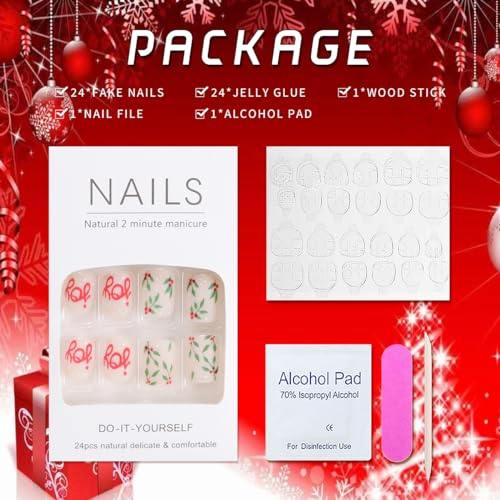 Press on Nails Christmas False Nails Short Square Stick on Nails Full Cover Matte Acrylic Nails with Snow Leaf Letter Designs Stick on Nails Natural Artificial for Women and Girls 24 PCS Manicure - Image 6