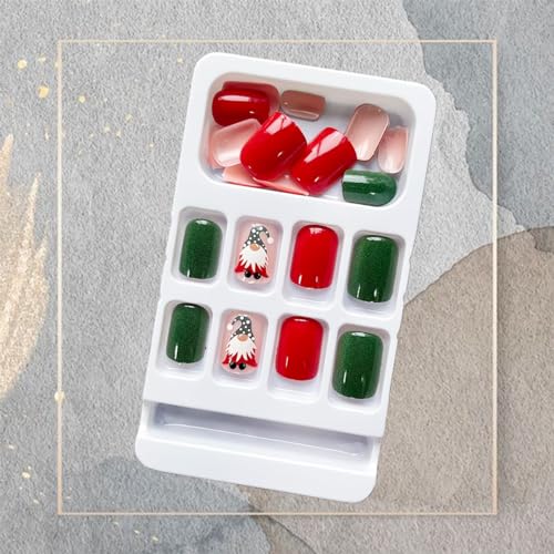 24Pcs Holiday Christmas Press on Nails Square Short Fake Nails Santa Claus False Nails Xmas Green Red Glue on Nails Winter Xmas Design Full Cover Acrylic Artificial Nails for Women Nail Decorations - Image 6
