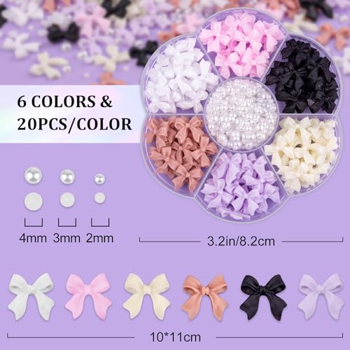 120 Pcs 3D Nail Bow Charms + 2-4mm Nail Pearls Set 1, 6 Colors Cute Bow Charms and White Flatback Pearls with Nail Charm Glue Gel(UV Needed) and Pickup Tools for Nail Art Decoration - Image 2