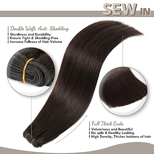 Sew in Hair Extensions Real Human hair, Silky Soft &Shiny Double Drawn Weft Hair Extensions human hair, Thick ends &Tangle Free Human hair extensions sew in, 100g Straight Dark Brown, 20 inch - Image 2