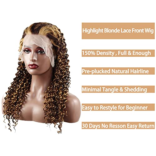 P4/27 Highlight Lace Front Wig Human Hair Water Wave Ombre Blonde 13x6 HD Transparent Lace Front Wigs Per Plucked With Baby Hair 150% Density glueless Brazilian Virgin Hair 22 Inch - Image 5