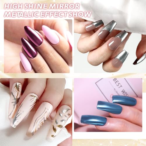 Metallic Gel Nail Polish Kit - 8ml Mirror Silver & Gold Metallic Painting Gel, 3 Colors Chrome Nail Powder with Mirror Chrome Base Coat & Top Gel Polish Nail Tools for DIY Nail Art Manicure - Image 2