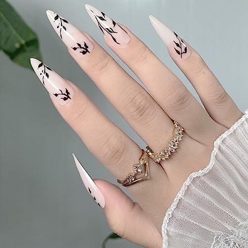 Glossy Black Willow Leaf Almond Stiletto Press On Nails 24 Piece Set - Image 7