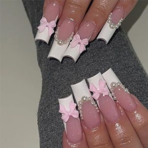 24Pcs Long Square White French Tip Press On Nails with Bow Pearl Design, Reusable Acrylic Full Cover False Nails