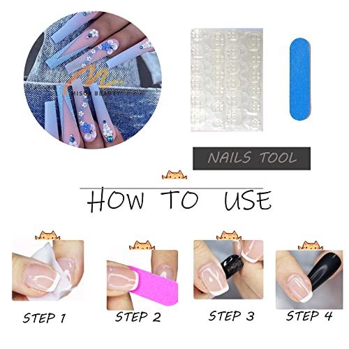 MISUD 24 pcs Long Ballerina Blue Gradient Matte Acrylic Press on Nails with Rhinestones - Image 6