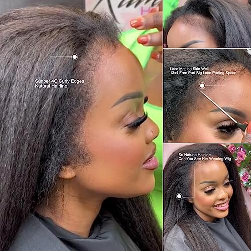 Sunber Straight Human Hair Wig 4C Kinky Edge Yaki Straight Skin Melt 13x4 Lace Front Human Hair Wigs 12A Remy Hair Pre Plucked With Native Baby Hair Kinky Straight Wigs 180% Density 20Inch - Image 5
