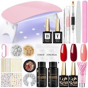 COSCELIA Gel Nail Polish Set with U V Light Starter Kit with 6W Nail Light Red Colors Poly Nail Gel Polish Quick Extension Gel with Slip Solution Base Top Coat Decoration for Nails DIY for Women