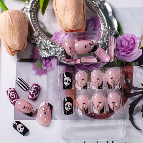 Pink Press on Nails Halloween Medium Square Fake Nails Black and White Line False Nails Skeleton Heart Glue on Nails Full Cover Acrylic Nails for Women and Girls 24 PCS Nail Decorations - Image 5