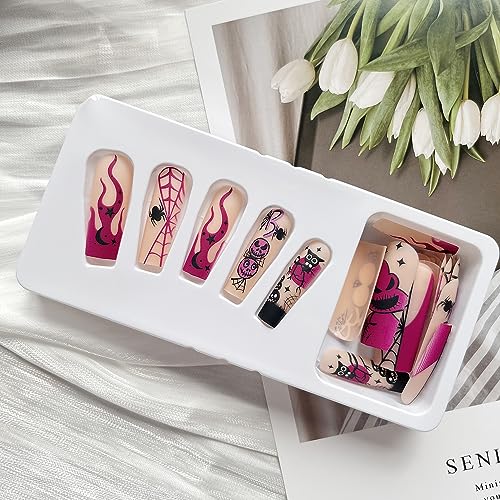 Halloween Press on Nails Long Coffin Fake Nails Full Cover False Nails with Scary Ghost Designs Spider Web Acrylic Nails Matte Stick on Nails Halloween Artificial Nails for Women and Girls 24Pcs - Image 3