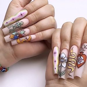 24 Piece Long Coffin French Tip Nails Set with Animal Flower Designs for Women