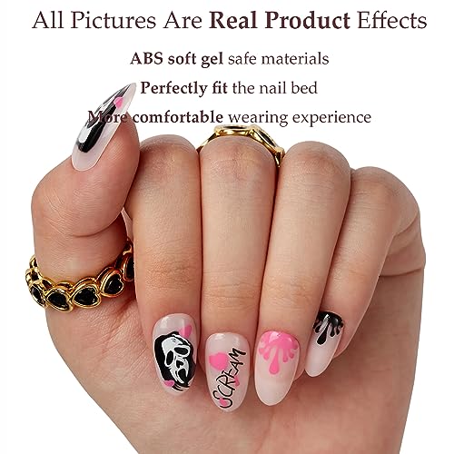 Halloween Press on Nails Short Almond Pink False Nails, Gel Acrylic Fake Nails with Glue, Salon Effect Natural Fit Reusable Glue on Nails Set 14Size 28Pcs, Halloween Design - Image 2