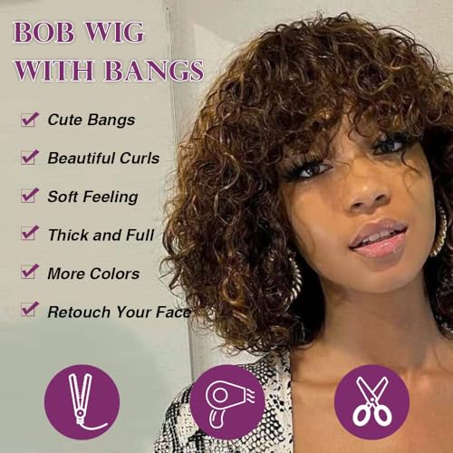 DÉBUT Water Wave Bob Wig with Bangs 10 Inch 100% Human Hair Short Curly Wigs Wear and Go Glueless Bangs Wig 150% Density Ombre Brown Mixed Honey Blonde Color - Image 2