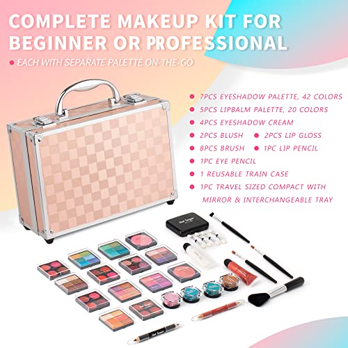 Hot Sugar Makeup Kit for Teenager Girls - Full Starter Cosmetics Set with Eye Shadow Lip Balm Blush Lip Gloss Brush Lip Pencil Eye Pencil and Mirror (Gold Check) - Image 3