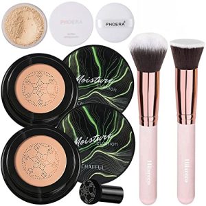 Hilareco Mushroom Head Air Cushion CC Cream Natural Foundation,Phoera Powder, Bright Makeup Base Long Lasting with Makeup Sponge and Flat Top Kabuki Foundation Brush (#04 Buff Beige)
