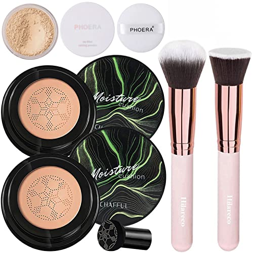 Hilareco Mushroom Head Air Cushion CC Cream Natural Foundation,Phoera Powder, Bright Makeup Base Long Lasting with Makeup Sponge and Flat Top Kabuki Foundation Brush (#04 Buff Beige)