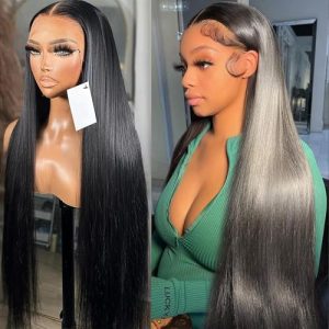 Lemoda 34 Inch Full 13x6 Straight Lace Front Wigs Human Hair 180 Density HD Transparent Lace Frontal Wig Pre Plucked 12A Grade Brazilian Virgin Human Hair Wigs for Women Natural Black