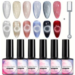 Glitter Cat Eye Gel Nail Polish Set 6 Piece Rainbow Pastel Magnetic Soak Off UV Kit