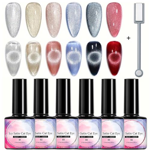Glitter Cat Eye Gel Nail Polish Set 6 Piece Rainbow Pastel Magnetic Soak Off UV Kit