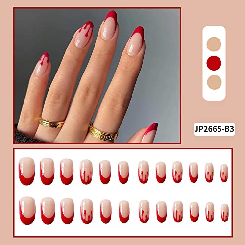 Halloween Press on Nails Medium Length Horror Bloody Fake Nails Red French Tips Nails Coffin Full Cover False Nails with Nail Glues for Women and Girls Halloween Party Nail Decorations 24Pcs - Image 6