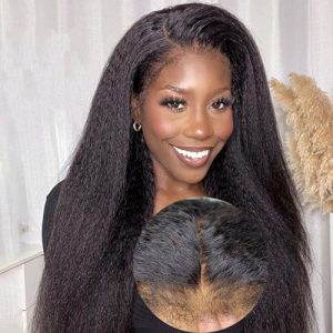 ISEE Hair Wear and Go Glueless Wigs Human Hair Pre Plucked Pre Cut 6x4 HD Lace Closure Wigs Human Hair 180% Density Kinky Straight with Curly 4C Edge Glueless Wigs for Women Natural Black 22 Inch