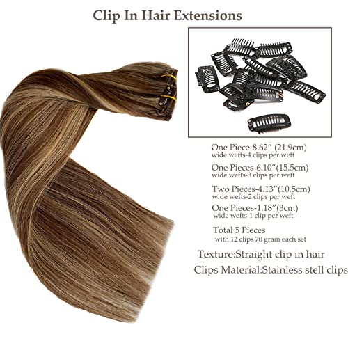 Real Hair Extensions,OiMiGO Ombre Brown to Blonde Human Hair Clip in Extensions Two Tones Highlight Straight Hair Extension for Women,Full Head Thick Hair Extension (#4/18,14Inch) - Image 4