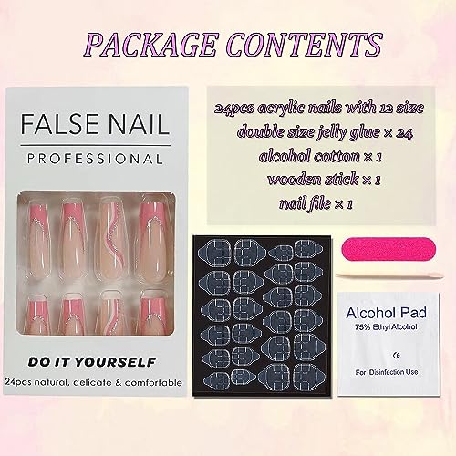 24 Pcs Long Press on Nails Square Fake Nails Glossy Pink French False Nails Tips Full Cover Glitter Line Designs Acrylic Nails French Tip Artificial Nails Stick on Nails for Women Nail Decorations - Image 6