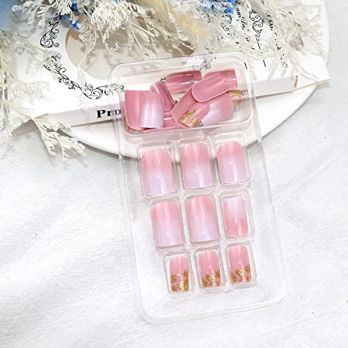 Square Press on Nails Short Fake Nails Fashion Flash Powder White Designs Artificial Gold Foil Glitter Acrylic False Nails For Women Nail Glue for Press on Nails 24Pcs - Image 6