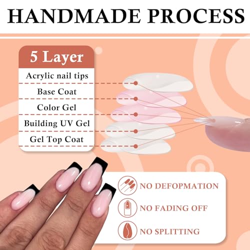 LoveOurHome 120pc French Press on Nails Long Fake Nail Short Press on Nail Square False Nail Black Acrylic French Tips Press quare Nail Short Artificial Nail & Glue Adhesive Tabs for Women Girls - Image 3