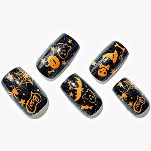 Halloween Press on Nails Medium Square, GLAMERMAID Gothic Glitter Black Glue on Gel Nails, 24Pcs Short Square Acrylic False Nails Kits Reusable UV Finish Full Cover Stick on Nails for Women Gift